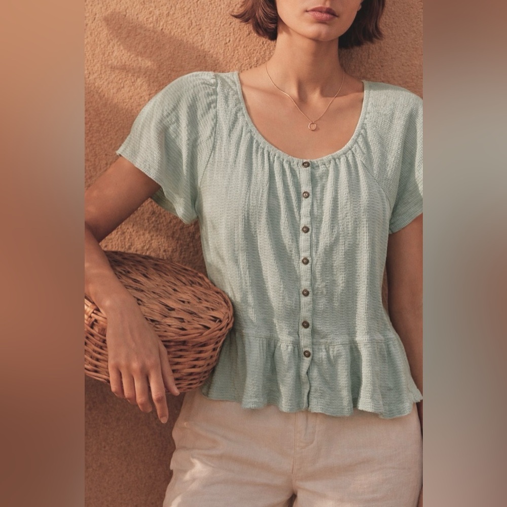 Babydoll Mint Green Top Short Sleeve Shirt M - Picture 6 of 6